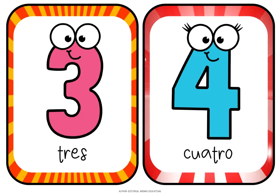 Repeated Spanish number flashcards for 3 and 4, labeled tres (three) and cuatro (four) in a handwritten style