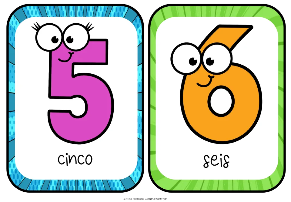 Repeated Spanish number flashcards for 5 and 6, labeled cinco (five) and seis (six) in a handwritten style