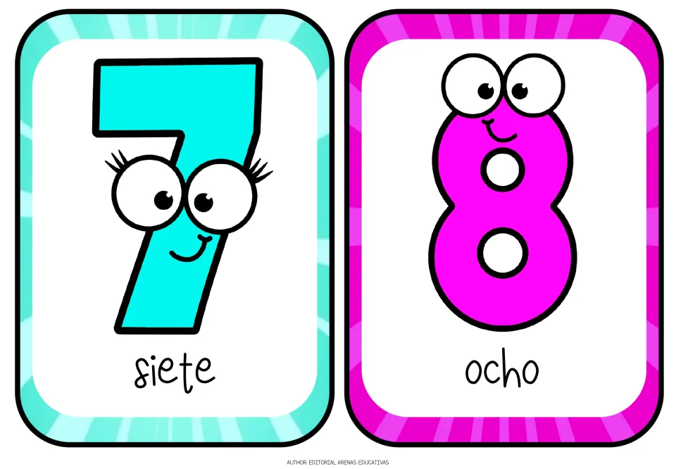 Repeated Spanish number flashcards for 7 and 8, labeled siete (seven) and ocho (eight) in a handwritten style