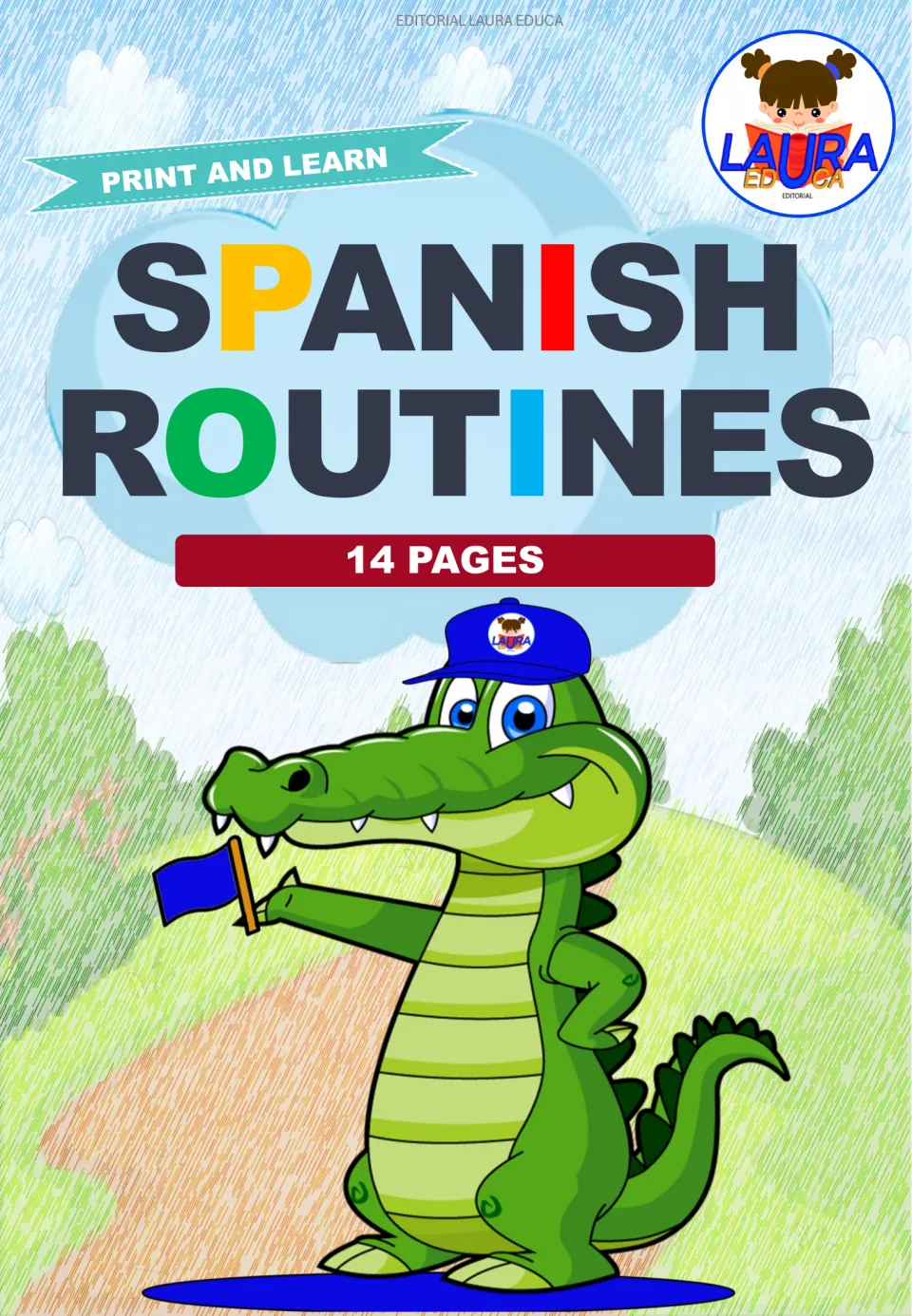 Spanish routines section cover labeled 'Print and Learn' and '14 pages' in the Spanish activity bundle
