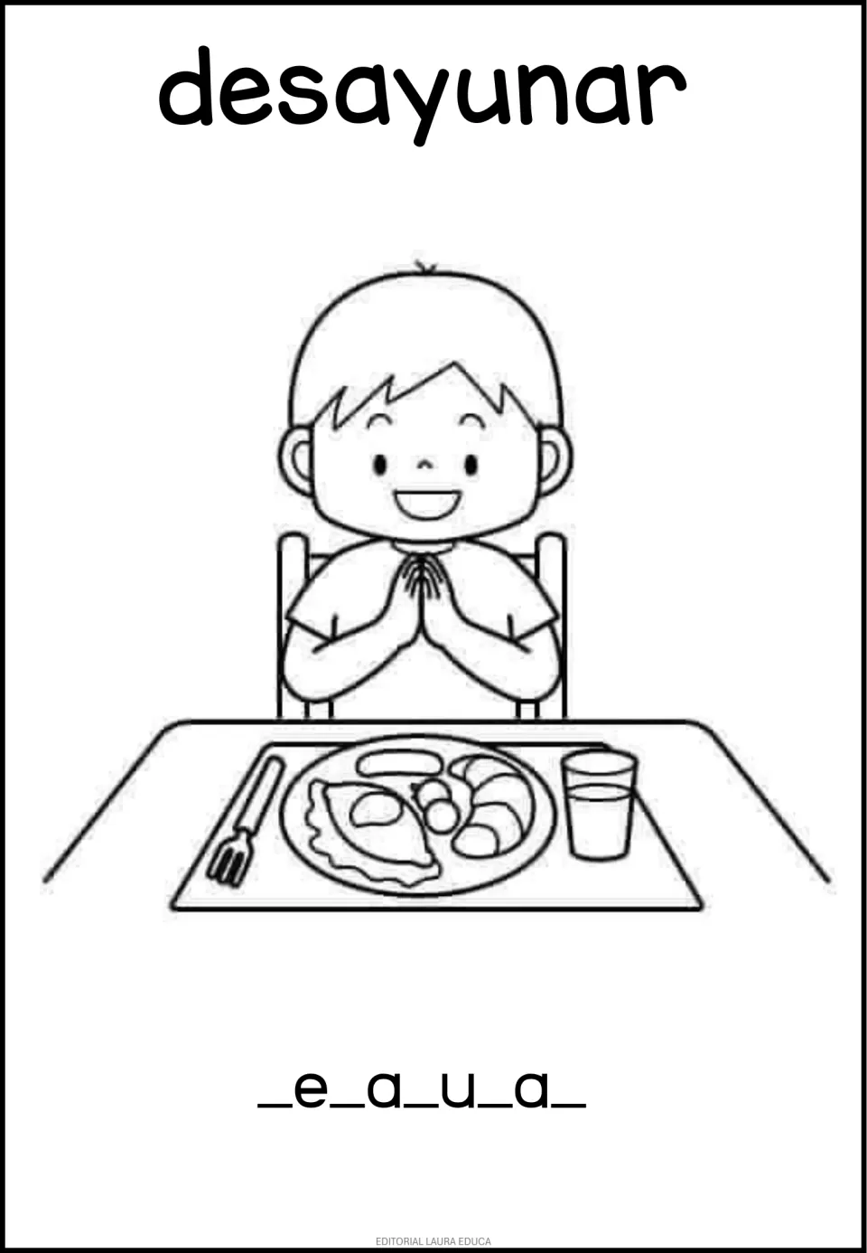 Routine vocabulary sheet for desayunar (to eat breakfast), with a child at a meal and missing letters
