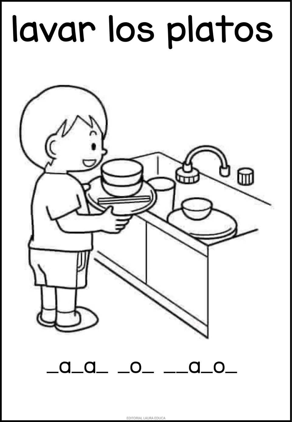 Routine vocabulary sheet: lavar los platos (to wash the dishes), with a picture and missing letters