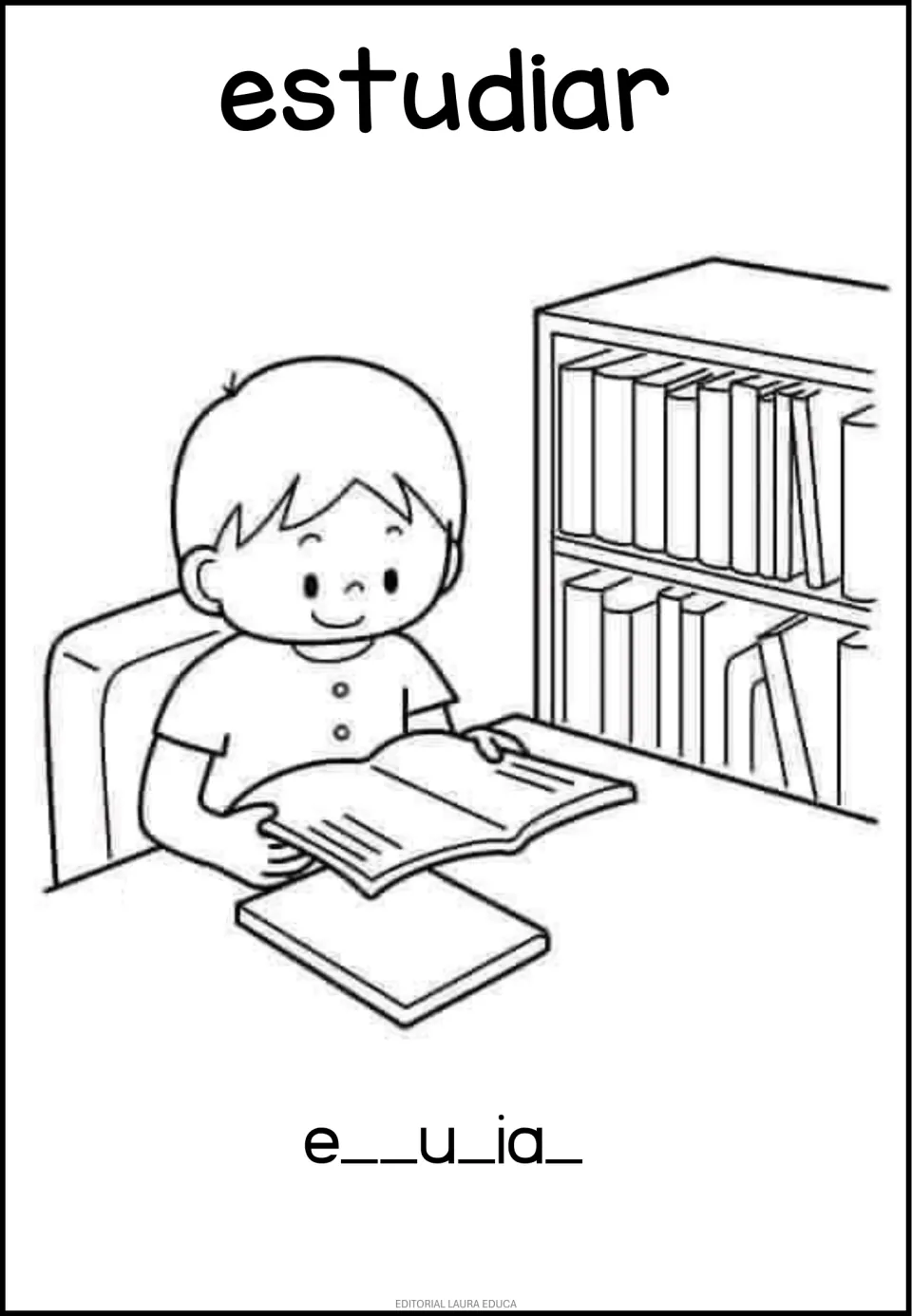 Routine vocabulary sheet for estudiar (to study), showing a child reading and a missing-letter exercise