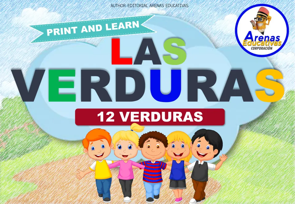 Las Verduras cover: Print and Learn set of 12 Spanish vegetable flashcards, shown with five smiling cartoon children