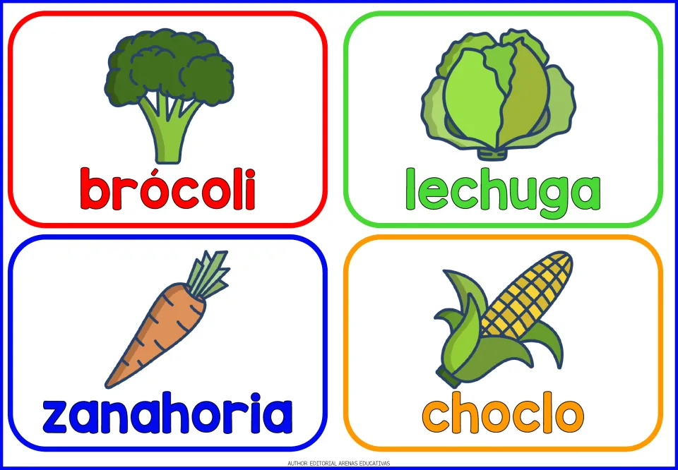 Spanish vegetable flashcards: brócoli, lechuga, zanahoria and choclo, each word printed under a picture of the vegetable