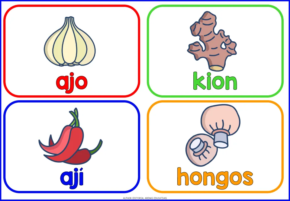 Spanish vegetable flashcards for ajo, kion, ají and hongos, pairing garlic, ginger, chili peppers and mushrooms with words