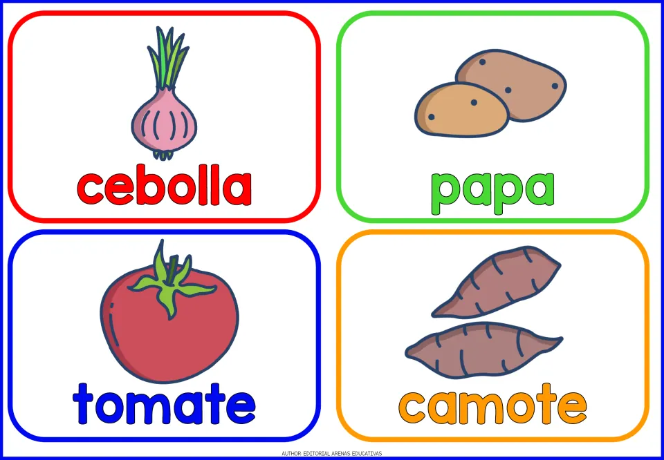 Spanish vegetable flashcards: cebolla, papa, tomate and camote, pictured as onion, potato, tomato and sweet potato