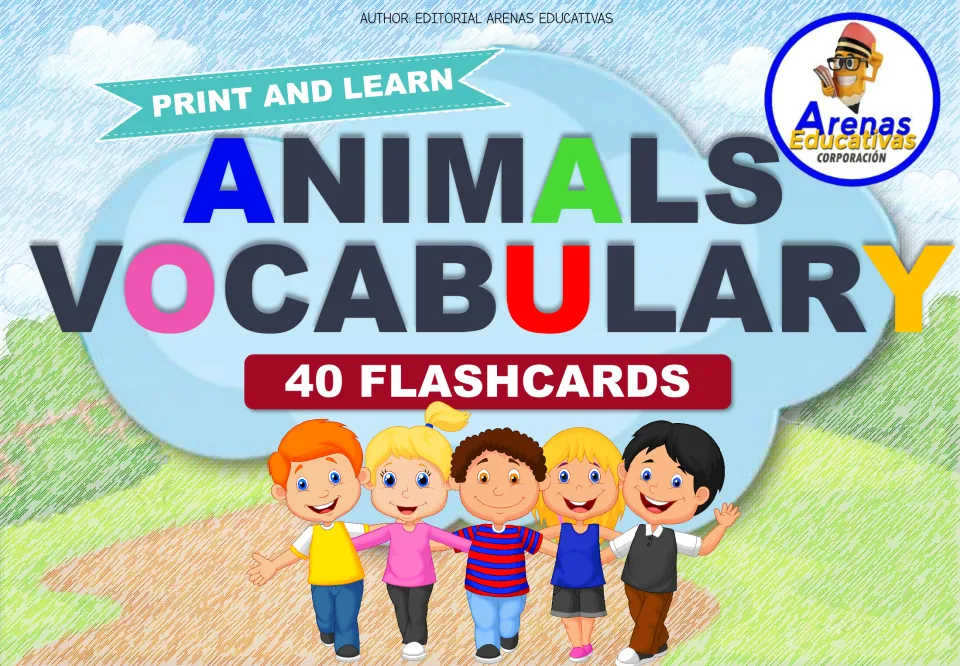 Animals Vocabulary cover: Print and Learn section with 40 Spanish animal flashcards, shown with five cartoon children