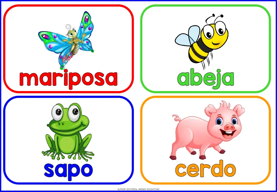 Spanish animal flashcards: mariposa, abeja, sapo and cerdo, each word printed under a cartoon butterfly, bee, frog or pig
