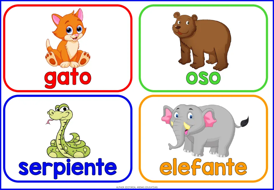 Spanish animal flashcards for gato, oso, serpiente and elefante, matching a cat, bear, snake and elephant to their names