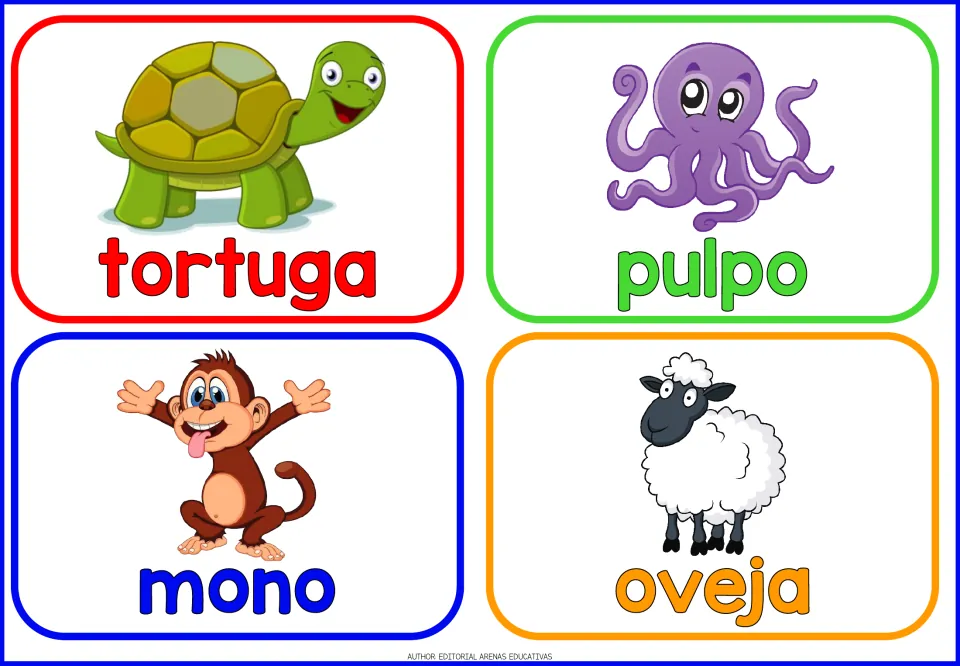 Spanish animal flashcards: tortuga, pulpo, mono and oveja, each word shown below a cartoon turtle, octopus, monkey or sheep