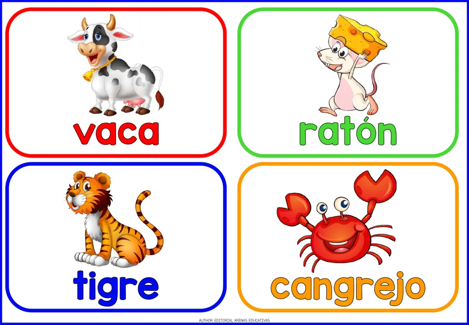 Spanish animal flashcards for vaca, ratón, tigre and cangrejo, pairing a cow, mouse with cheese, tiger and crab with names