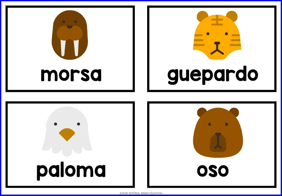 Spanish animal flashcards 1–4: morsa (walrus), guepardo (cheetah), paloma (dove), and oso (bear), with pictures