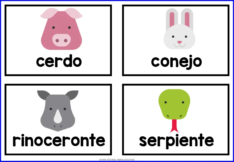Spanish animal flashcards 5–8: cerdo (pig), conejo (rabbit), rinoceronte (rhinoceros), and serpiente (snake)