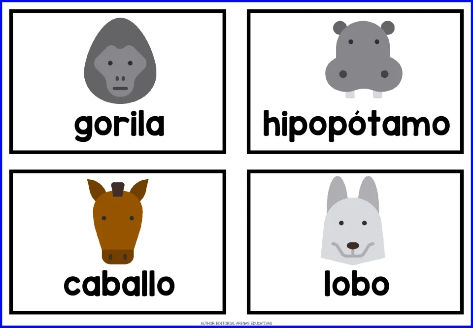 Spanish animal flashcards 13–16: gorila (gorilla), hipopótamo (hippopotamus), caballo (horse), and lobo (wolf)