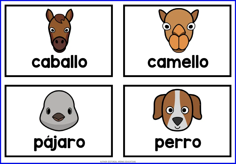 Additional Spanish animal flashcards: caballo (horse), camello (camel), pájaro (bird), and perro (dog)