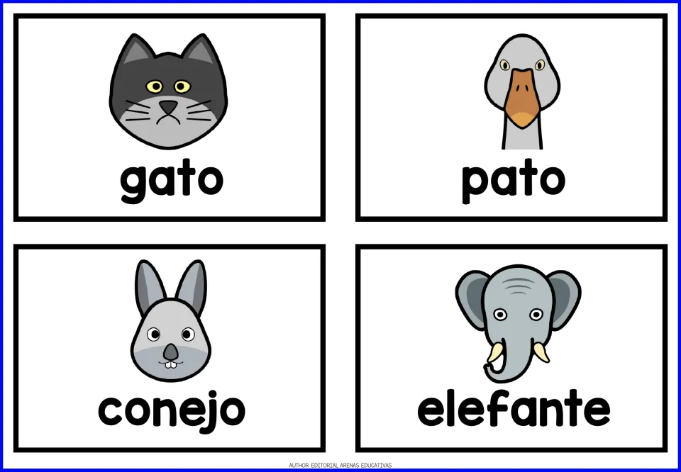 Additional Spanish animal flashcards: gato (cat), pato (duck), conejo (rabbit), and elefante (elephant)
