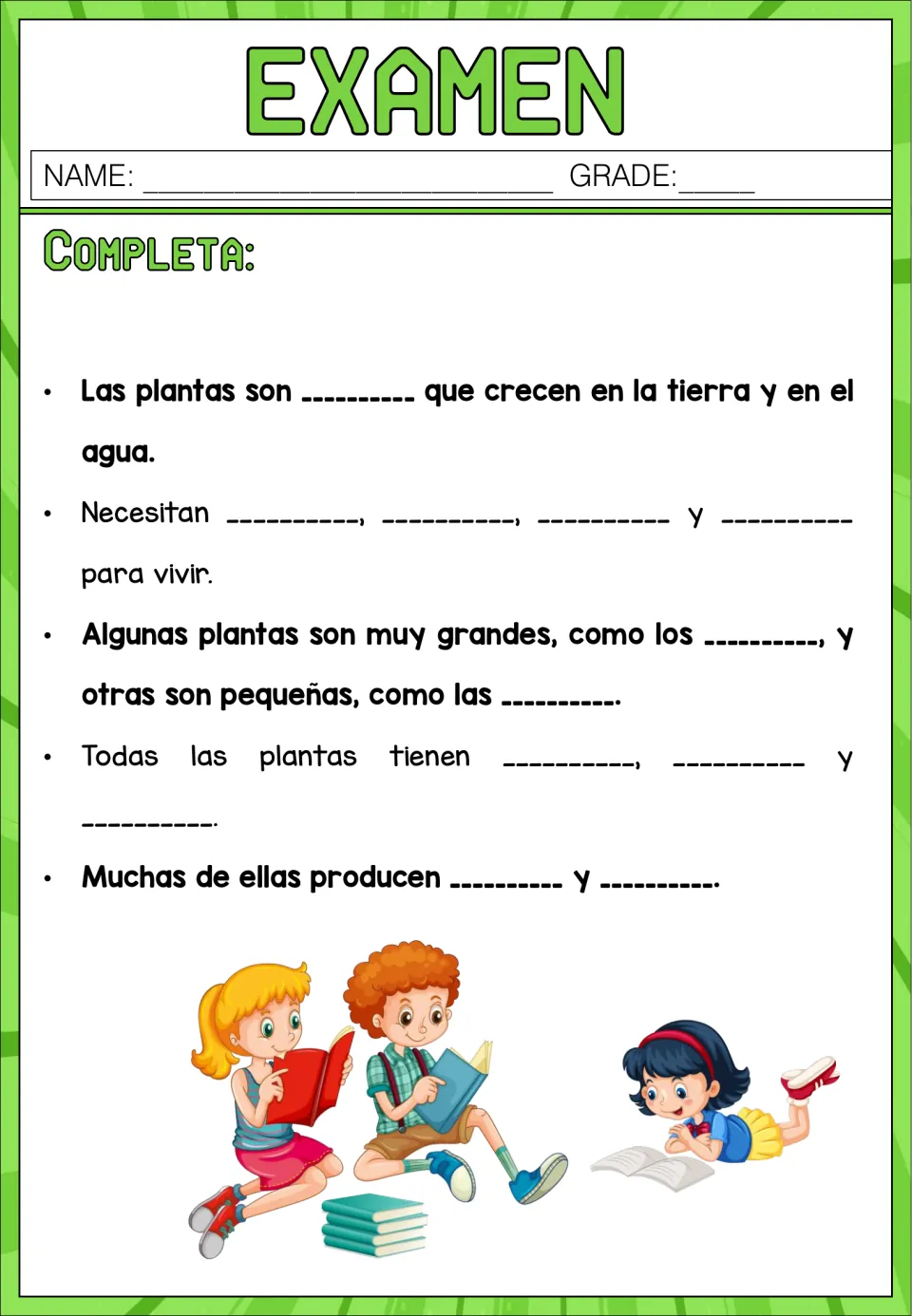 Examen on Las plantas, part 1: students complete Spanish sentences on what plants need, their parts and sizes