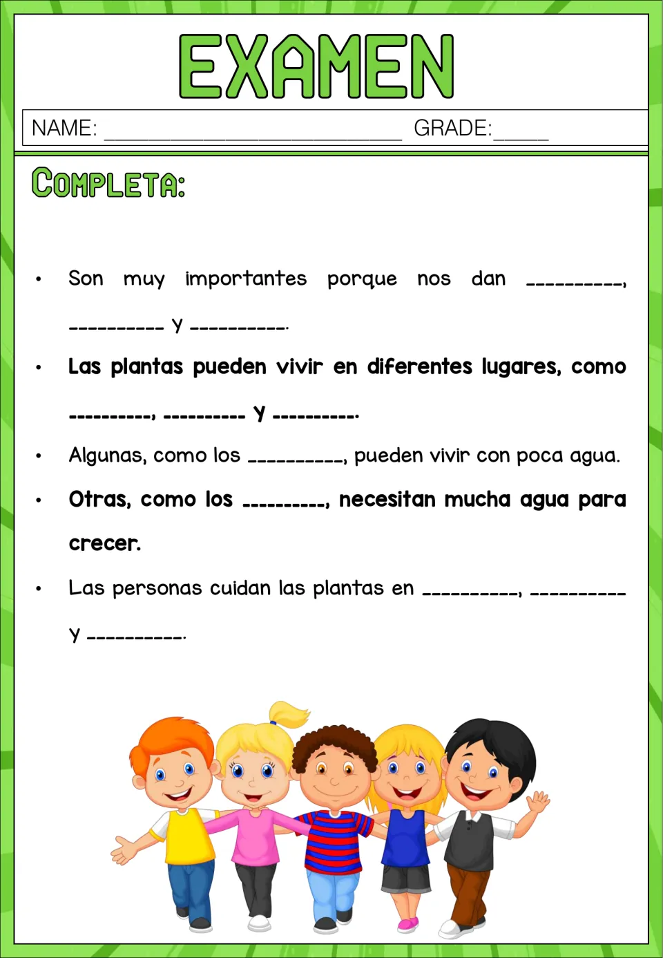 Examen on Las plantas, part 2: students fill in blanks on oxygen and food, habitats, cactus, water lilies and gardens