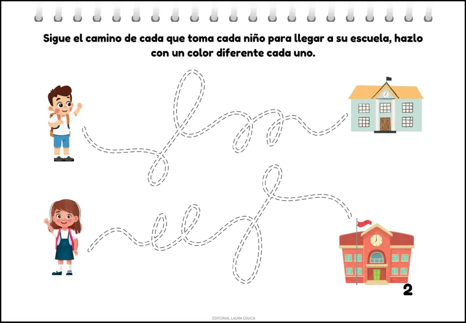 Tracing activity 2: follow two looping paths from children to their schools, using a different color for each