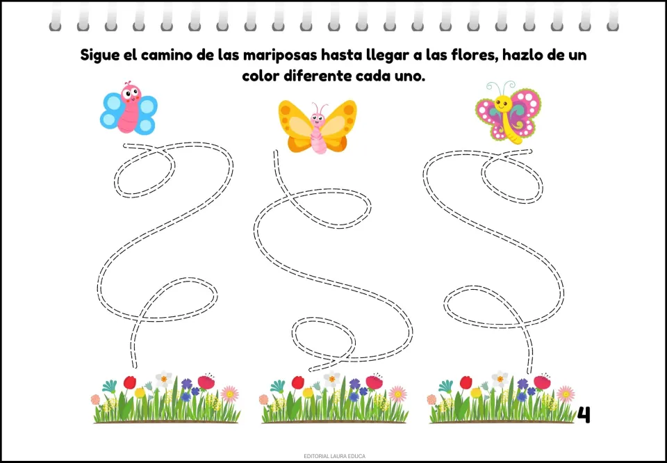 Tracing activity 4: follow three curving paths from butterflies to flowers, using different colors
