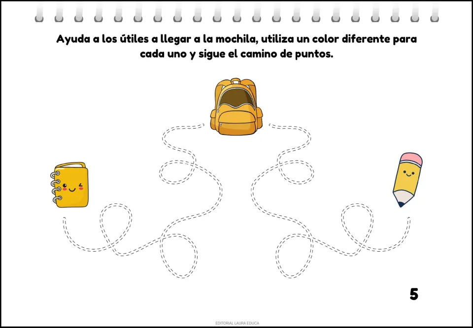 Tracing activity 5: guide a notebook and pencil to a backpack along two paths, using different colors