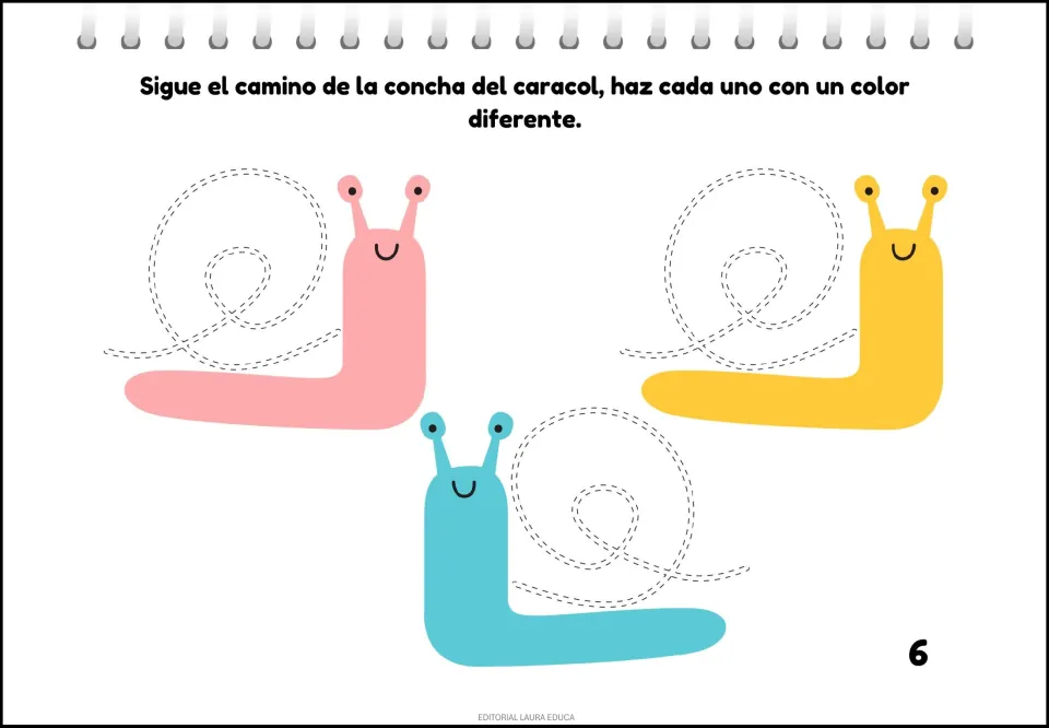 Tracing activity 6: trace the spiral shells of three snails, using a different color for each snail