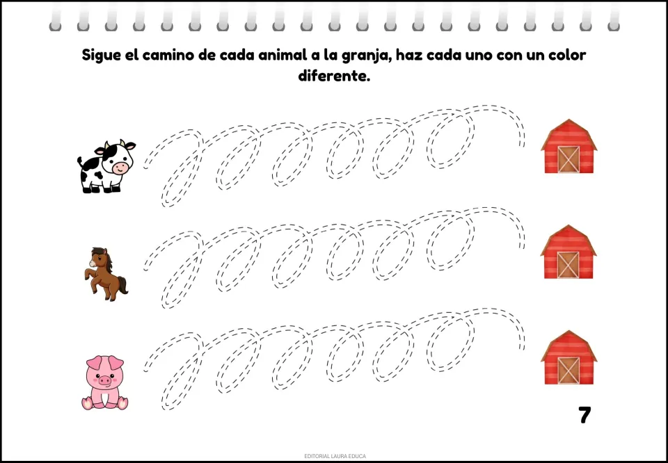 Tracing activity 7: follow looping paths from a cow, horse, and pig to barns, using different colors