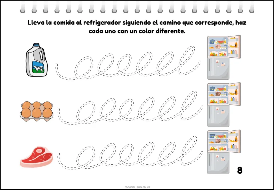 Tracing activity 8: guide milk, eggs, and meat to refrigerators along looping paths in different colors