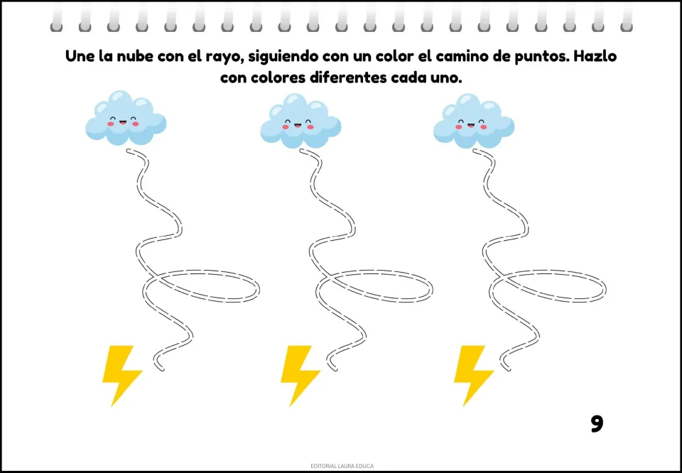 Tracing activity 9: connect three clouds to lightning bolts by following curving paths in different colors