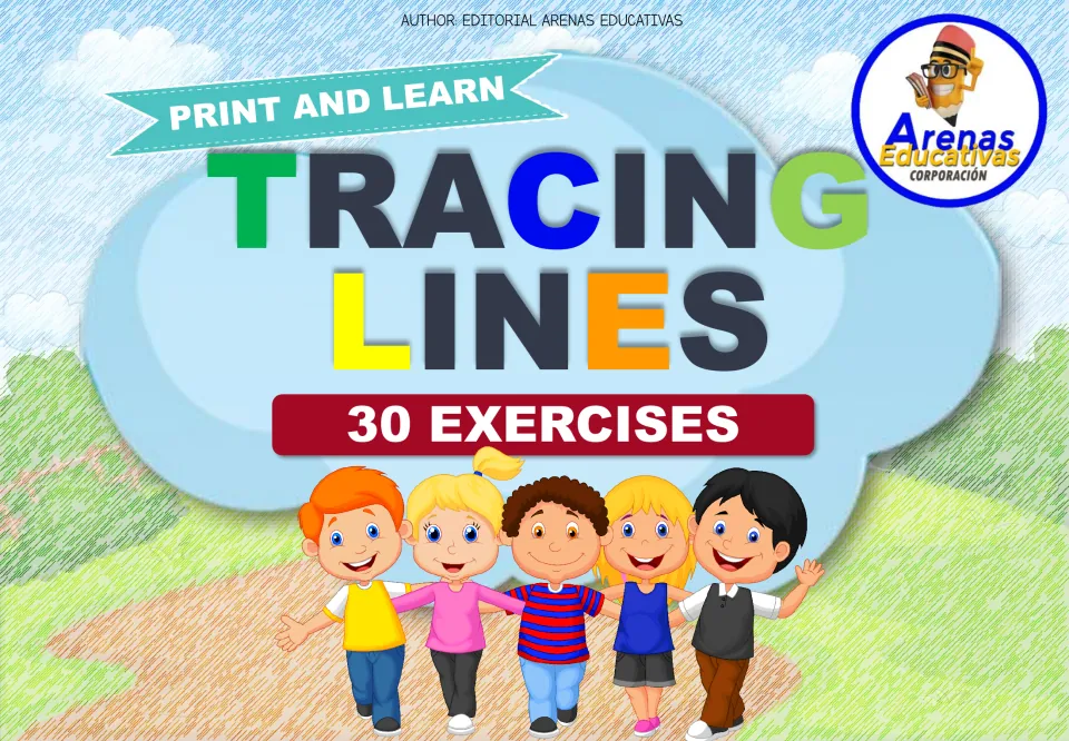 Tracing Lines cover from Arenas Educativas: Print and Learn, 30 exercises, with five smiling cartoon children on a path