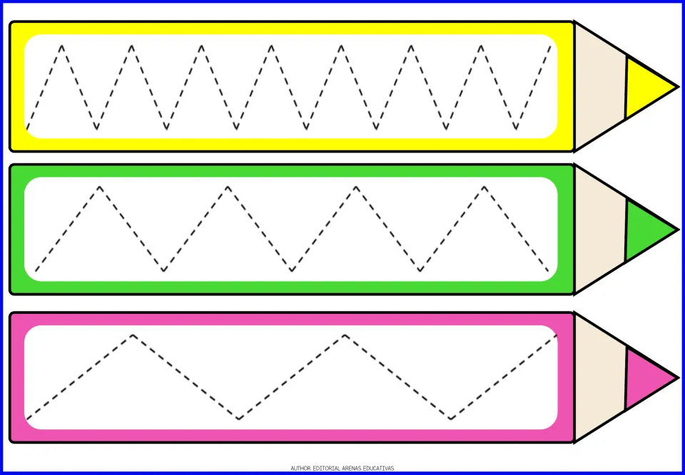Zigzag tracing: students follow dashed zigzags on three colored pencils, from tight peaks to wide, gentle slopes