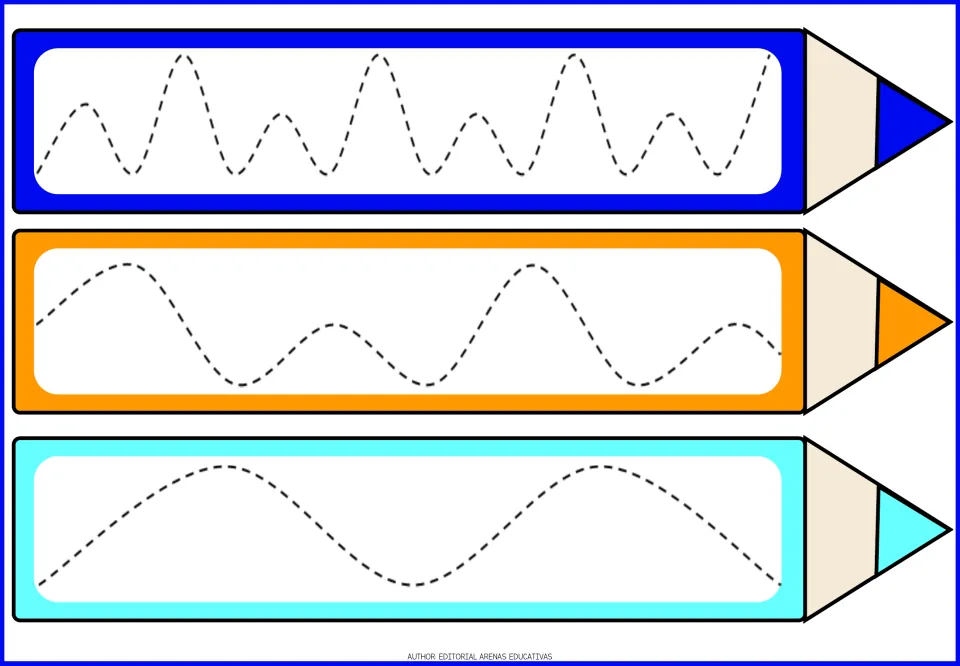Uneven wave tracing: students trace dashed waves that mix tall and short humps on blue, orange and light-blue pencils