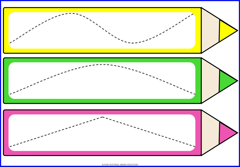 Gentle curve tracing: learners follow one long dashed S-curve, a single arch and a single peak across three colored pencils