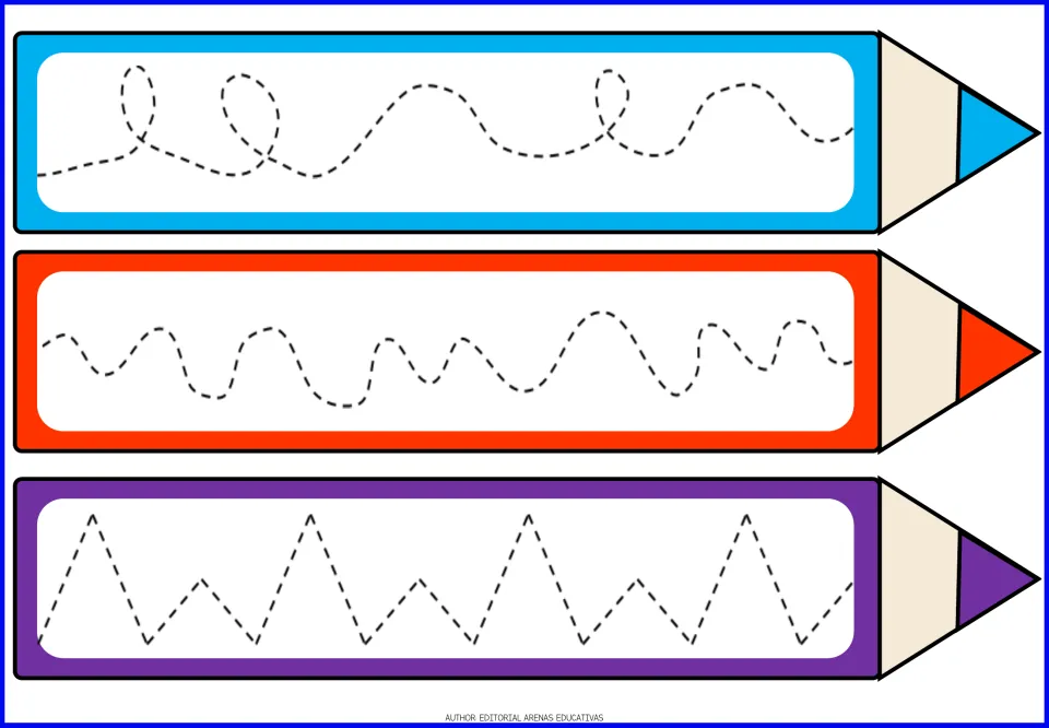 Loop and squiggle tracing: students trace dashed loops, wiggly waves and a mixed tall-short zigzag on three pencils