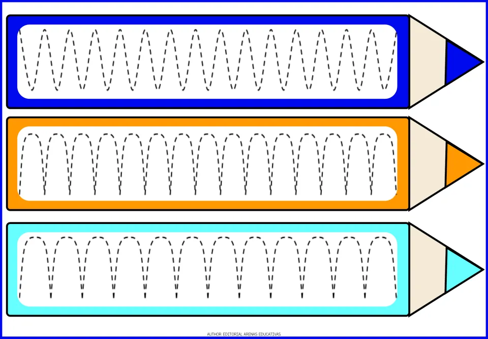 Rapid up-and-down tracing: children trace many narrow dashed waves and rows of arches on blue, orange and aqua pencils