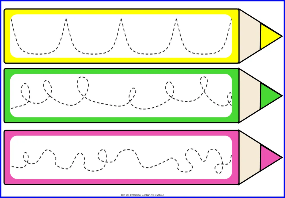 Cusp and curl tracing: students trace dashed scallops with pointed tips, a row of loops and a free-form curly squiggle