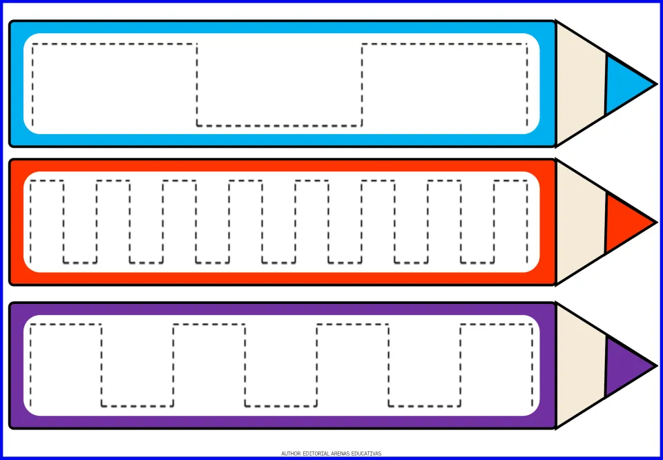 Square wave tracing: learners trace dashed right-angle steps in wide, narrow and medium sizes across three pencils