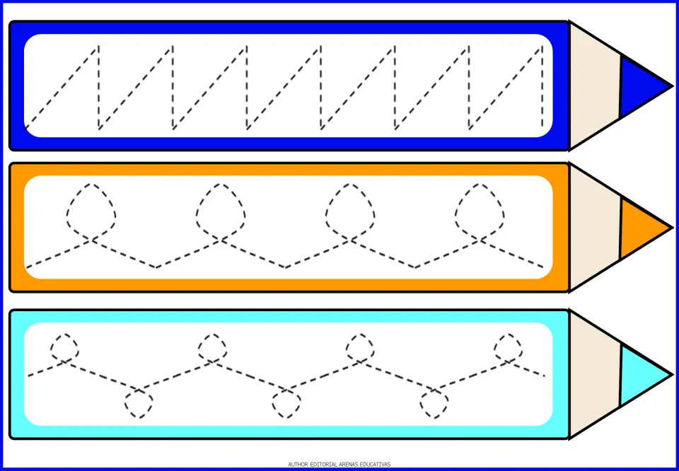 Sawtooth and loop tracing: children trace a dashed slanted sawtooth, then two chains of small loops joined by diagonals