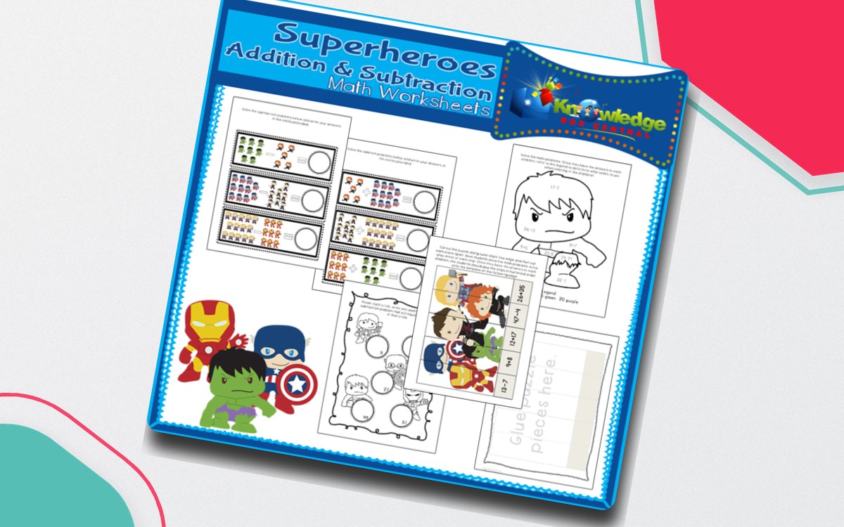 Super Heroes Addition & Subtraction Math Worksheets - EBOOK preview