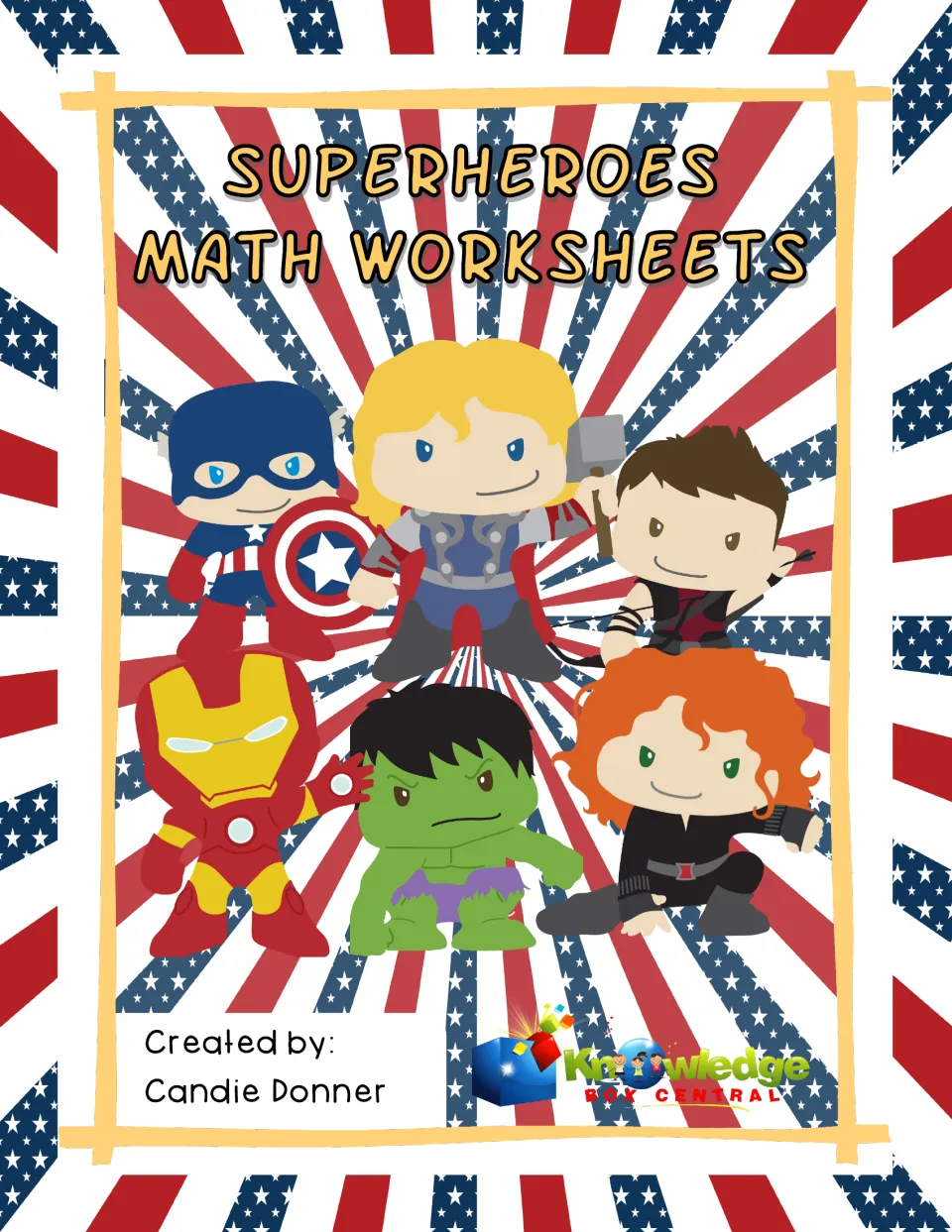 Superheroes Math Worksheets cover showing six cartoon superheroes, created by Candie Donner for Knowledge Box Central