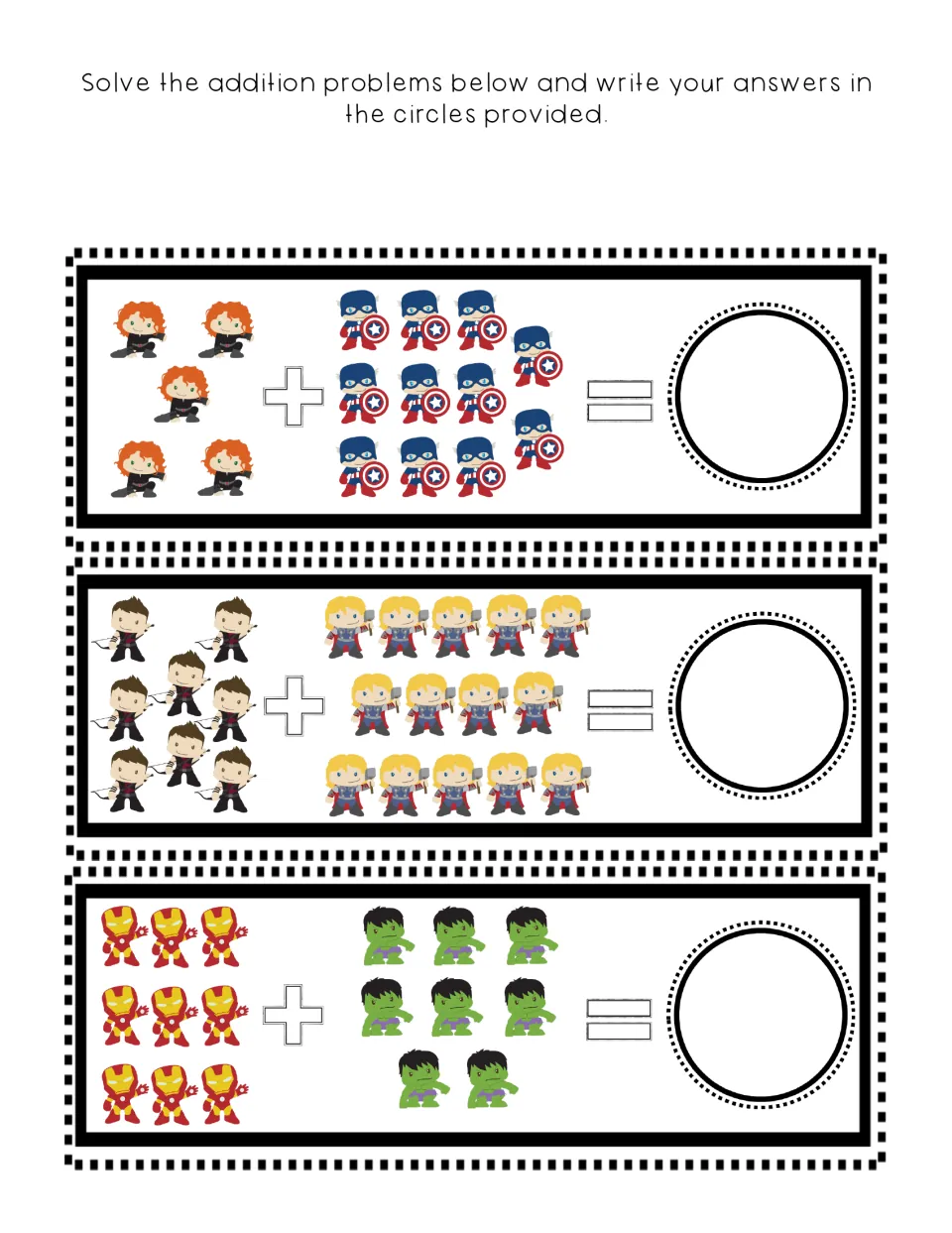 Picture addition: students count two groups of superhero figures, add them and write each sum in a circle, 3 problems