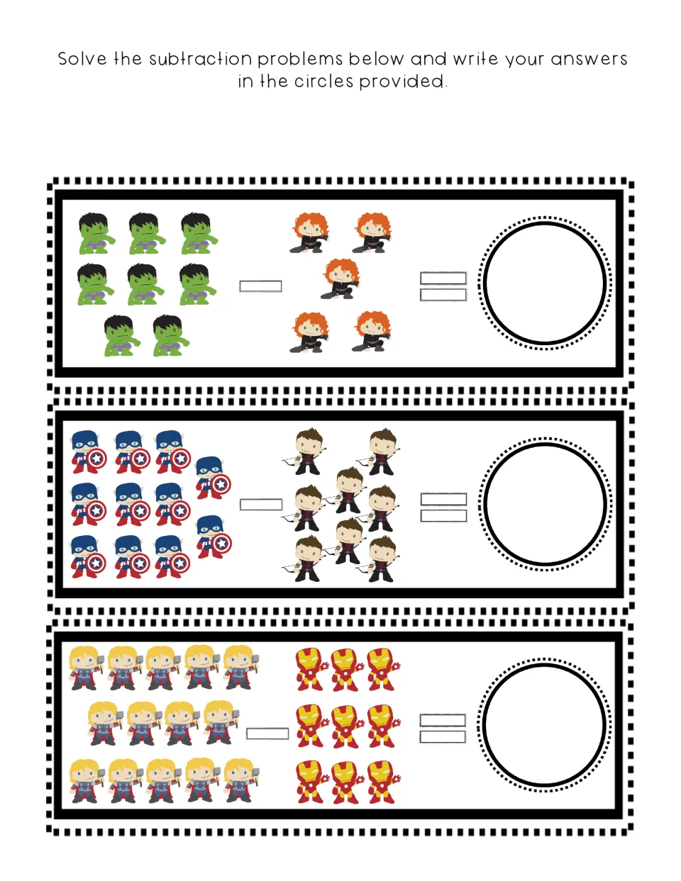 Picture subtraction: students take a smaller group of superheroes from a larger one and write 3 differences in circles