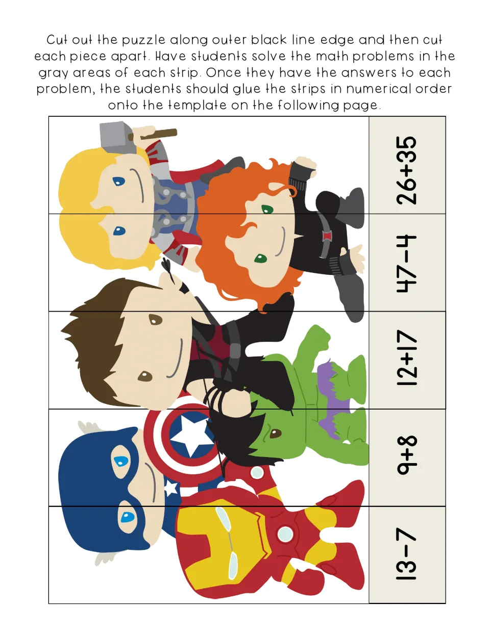 Puzzle strips cut-out: students solve 13-7, 9+8, 12+17, 47-4 and 26+35, then order the superhero strips by answer