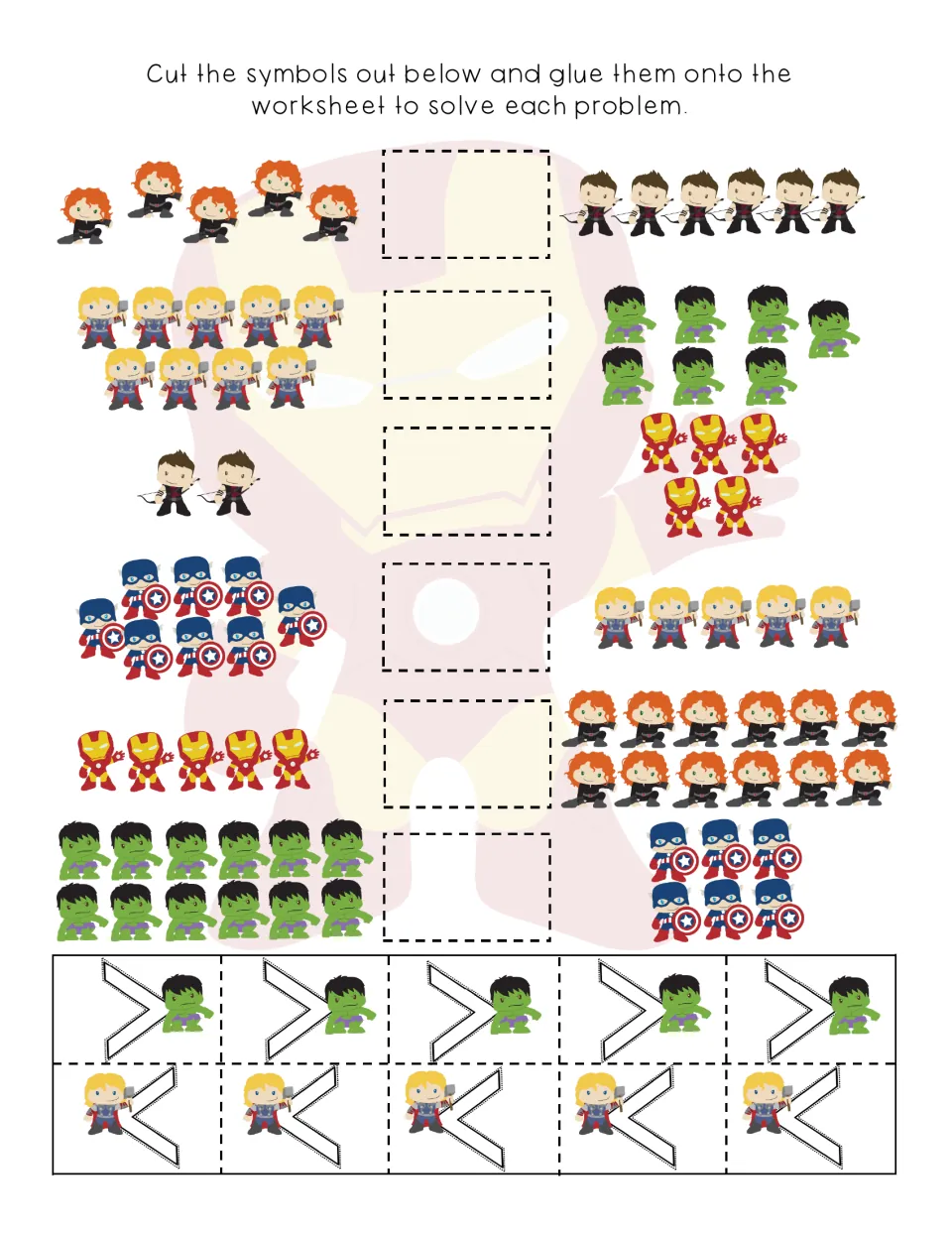 Comparing picture groups: students count superheroes on each side and glue a cut-out greater than or less than symbol