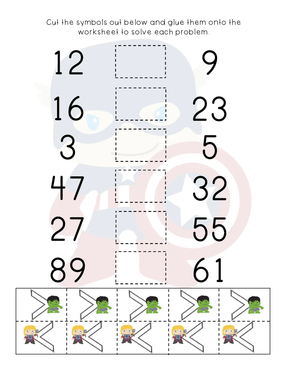 Comparing numbers: students glue greater than or less than symbols between pairs such as 12 and 9, 47 and 32, 89 and 61