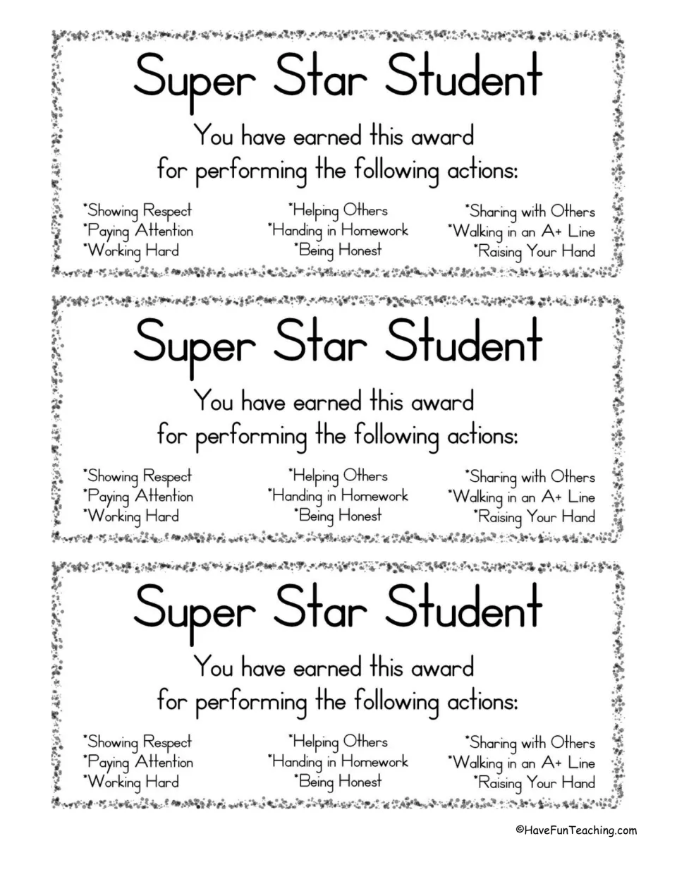 Super Star Student awards: three certificates listing actions like showing respect, helping others and being honest