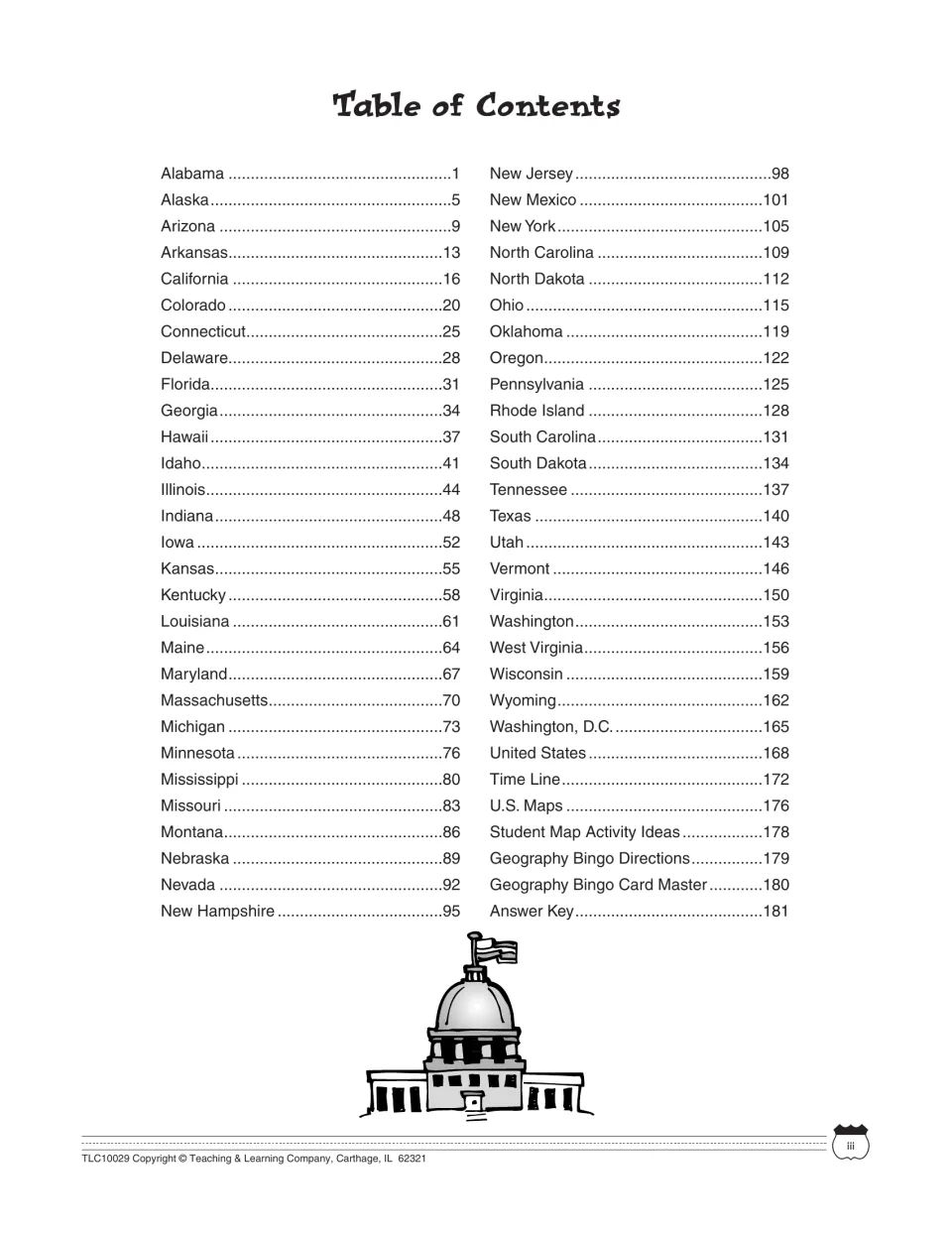 Table of contents listing all 50 states, Washington, D.C., a time line, U.S. maps, geography bingo masters and answer key