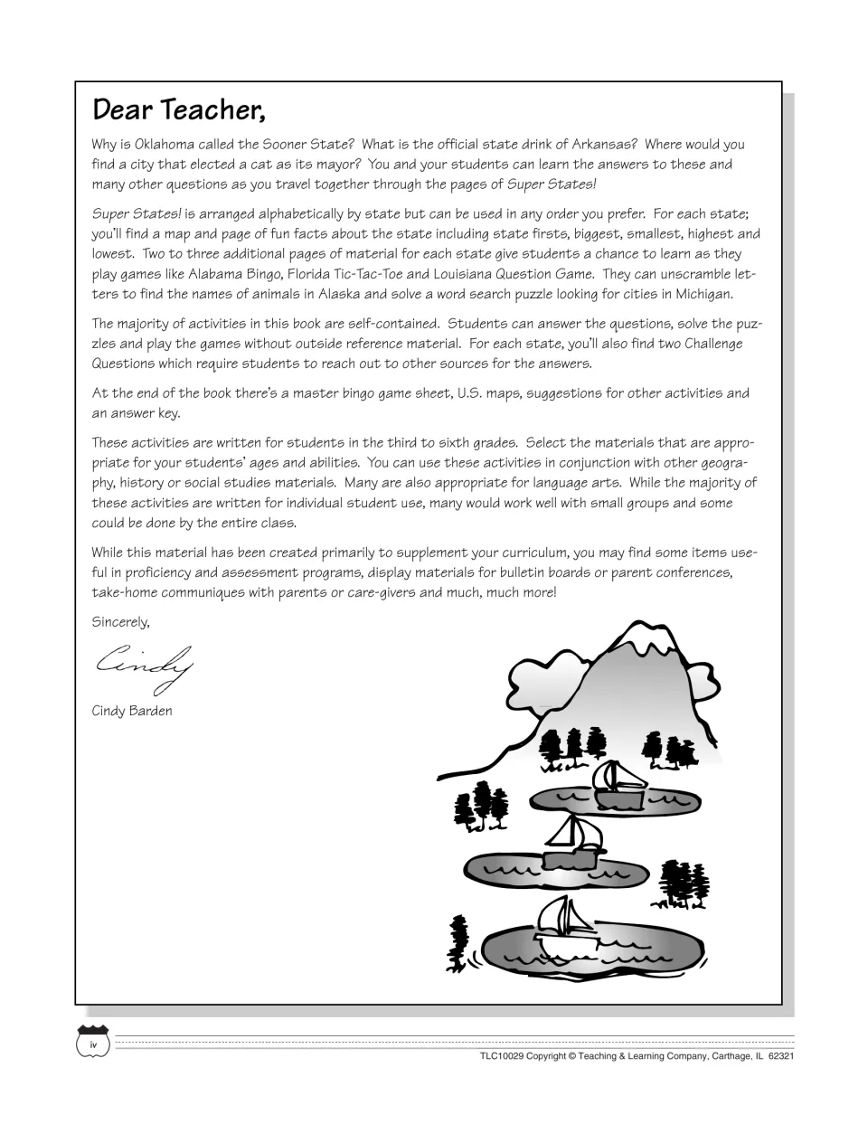 Dear Teacher letter explaining state-by-state fact maps, games, Challenge Questions, bingo master and answer key
