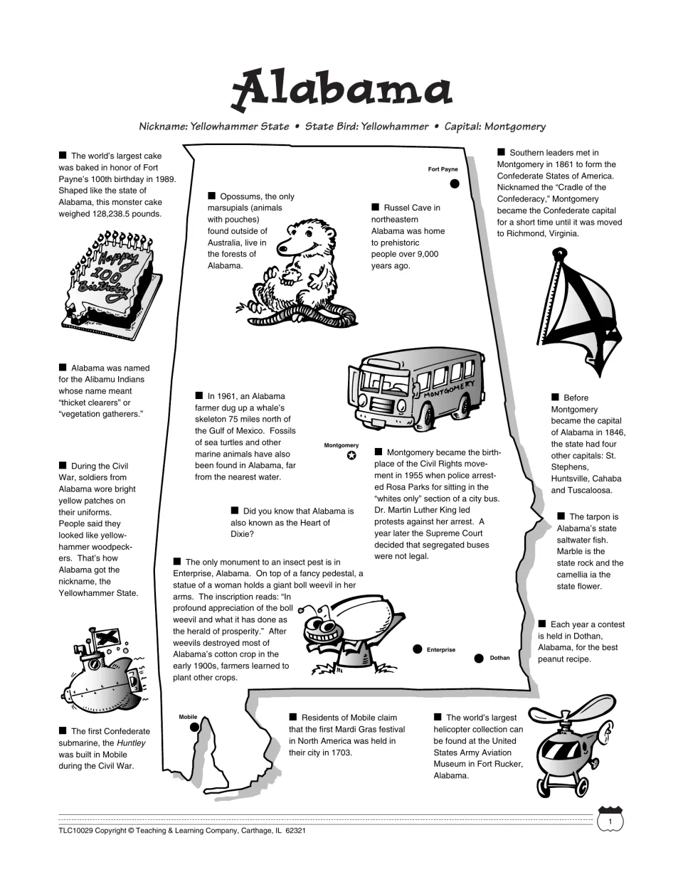 Alabama fact map: capital Montgomery, Yellowhammer State nickname, Rosa Parks, the boll weevil monument and Mardi Gras
